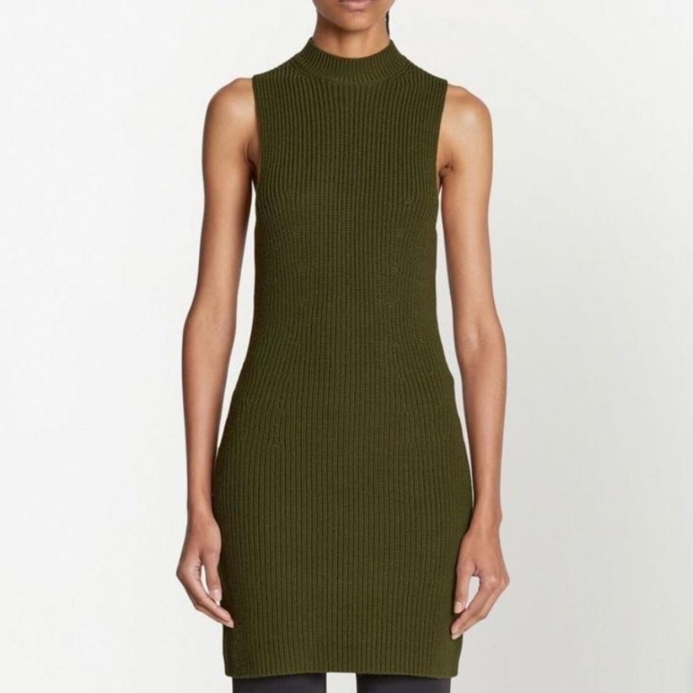 Olive Green Ribbed-Knit Sleeveless Mock Neck Dress